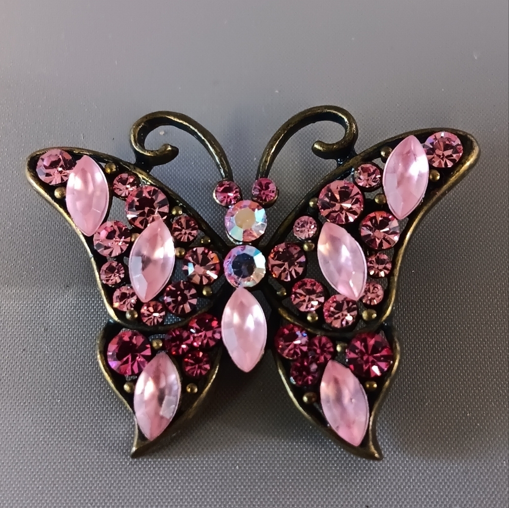 Pink Rhinestone Butterfly Brooch Pin Antique Finish Sparkly Gift Jewelry